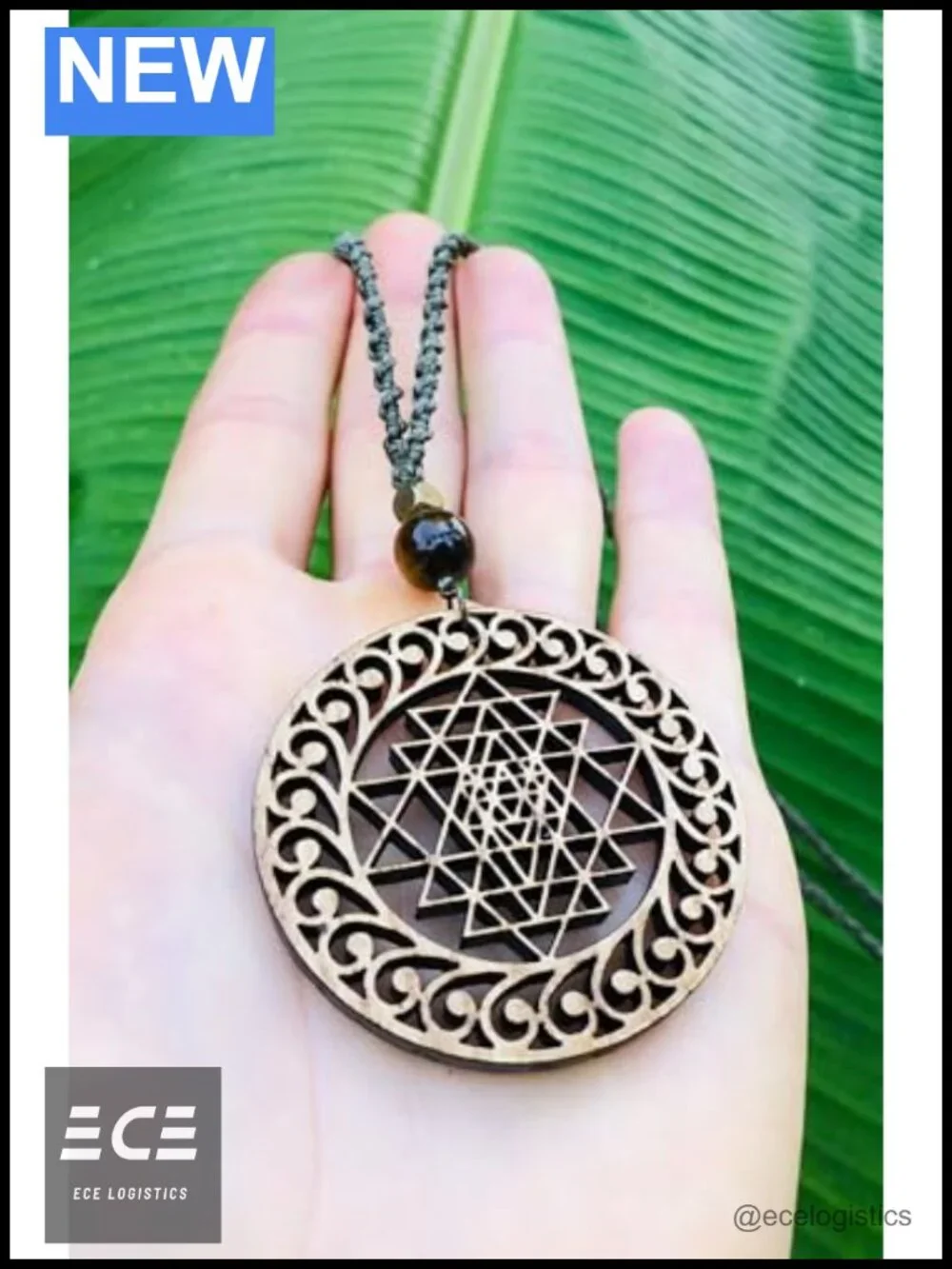 Handmade Wood Sri Yantra Mandala Necklace Tiger Eye Stone Macrame Spiritual